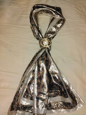Metallic Leopard Print Scarf with Pearl Brooch